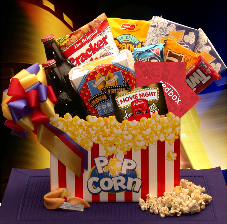 Movie Night Mania Gift Box With 10 00 Redbox Gift Card Gift Baskets For Delivery